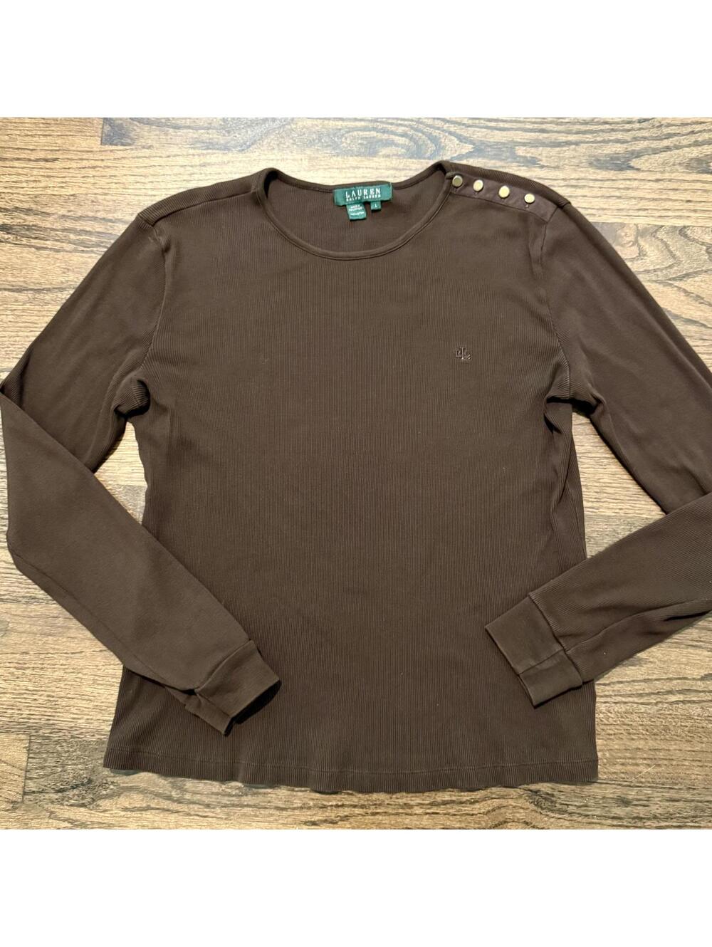 Lauren Ralph Lauren Ribbed Brown Crew Neck Cotton Long Sleeve Large